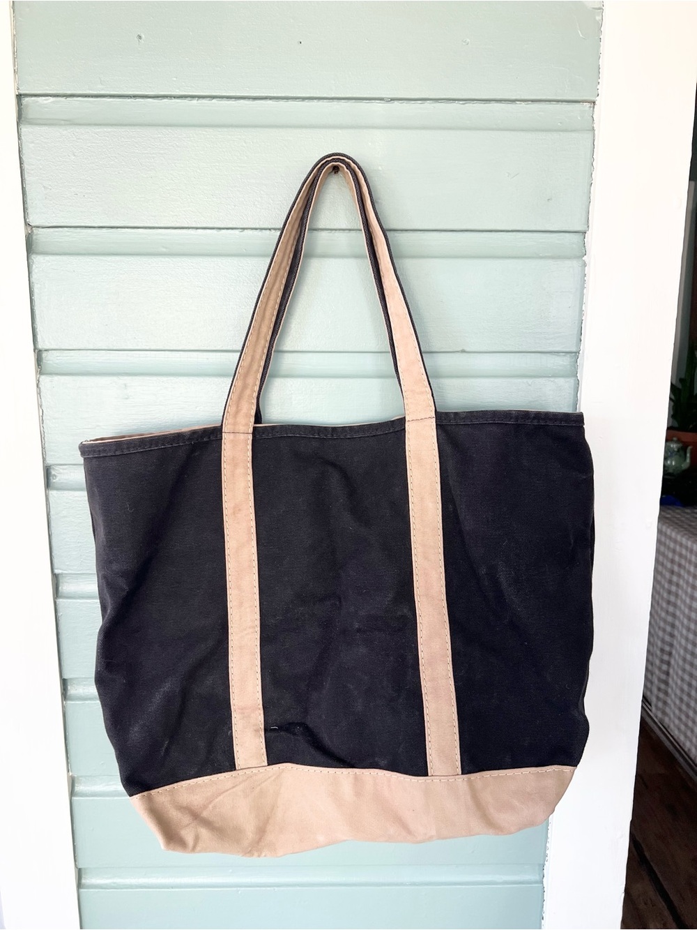 Vintage lands end cotton canvas boat tote black khaki made in USA zip top fall